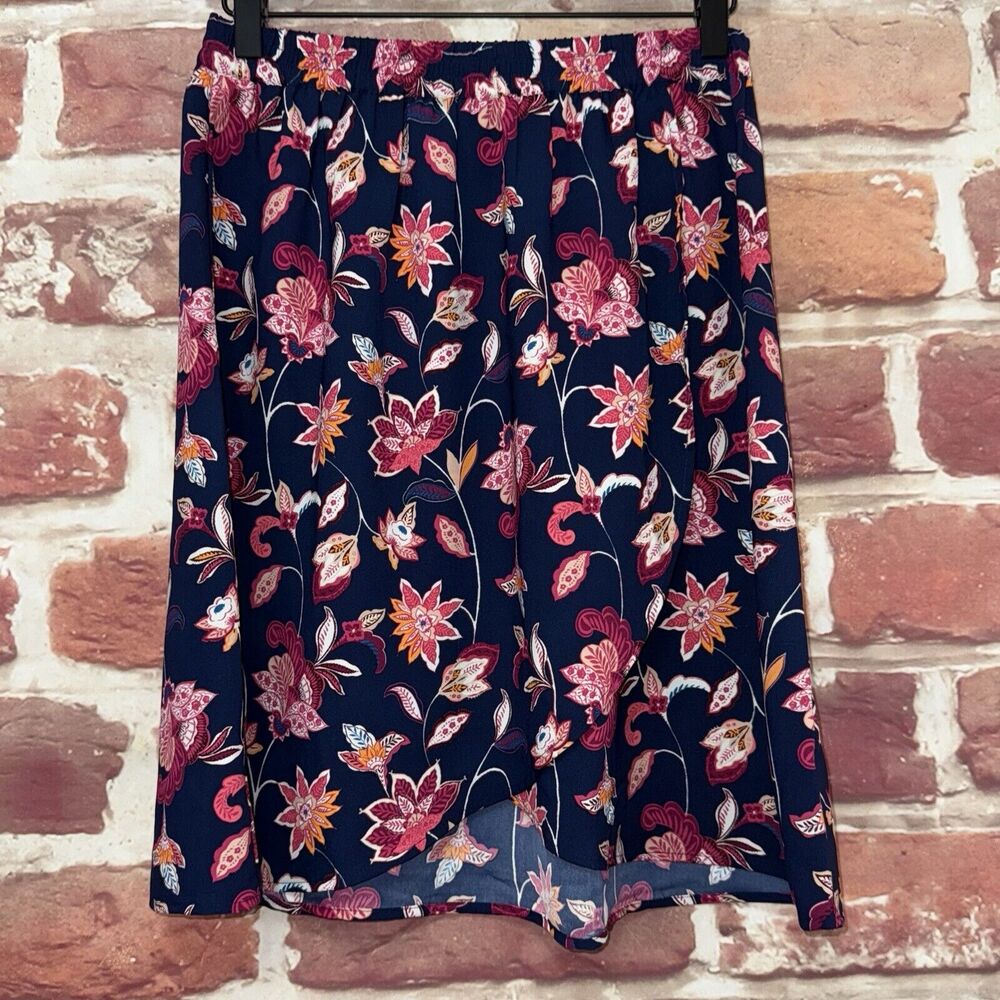 Ann Taylor Loft Skirt Women's XS Dark Blue Multicolor Floral Satin Pull On
